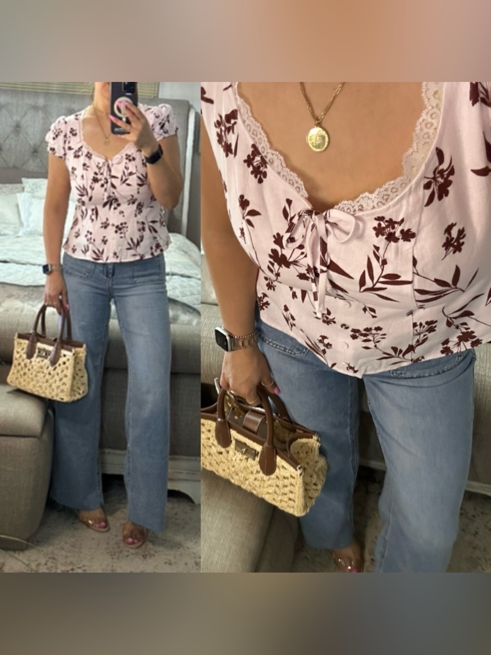New🌺 Blush Pink & Brown Floral Lace Trim Top
